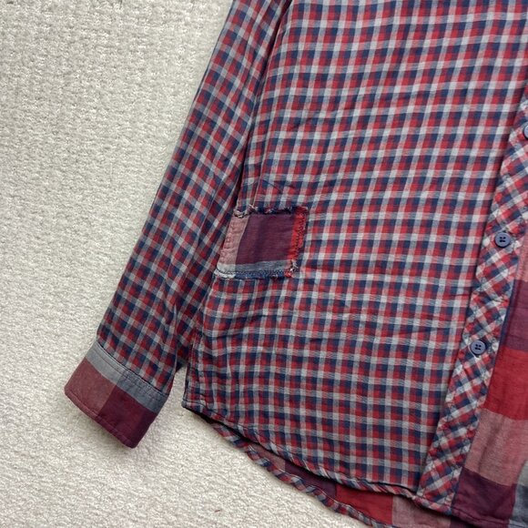 Desigual Button Up Shirt Mens L Red / Blue Asymmetrical Plaid Boho - Picture 6 of 16